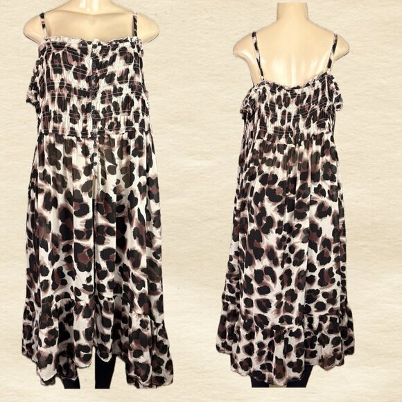 Torrid +3 Chiffon Brown Animal Print Shirred Bodice Split Front Strappy Midi Top - Picture 1 of 6